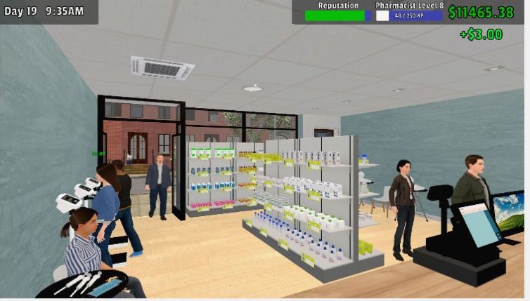 A busy pharmacy in Pharmacy Management Simulator